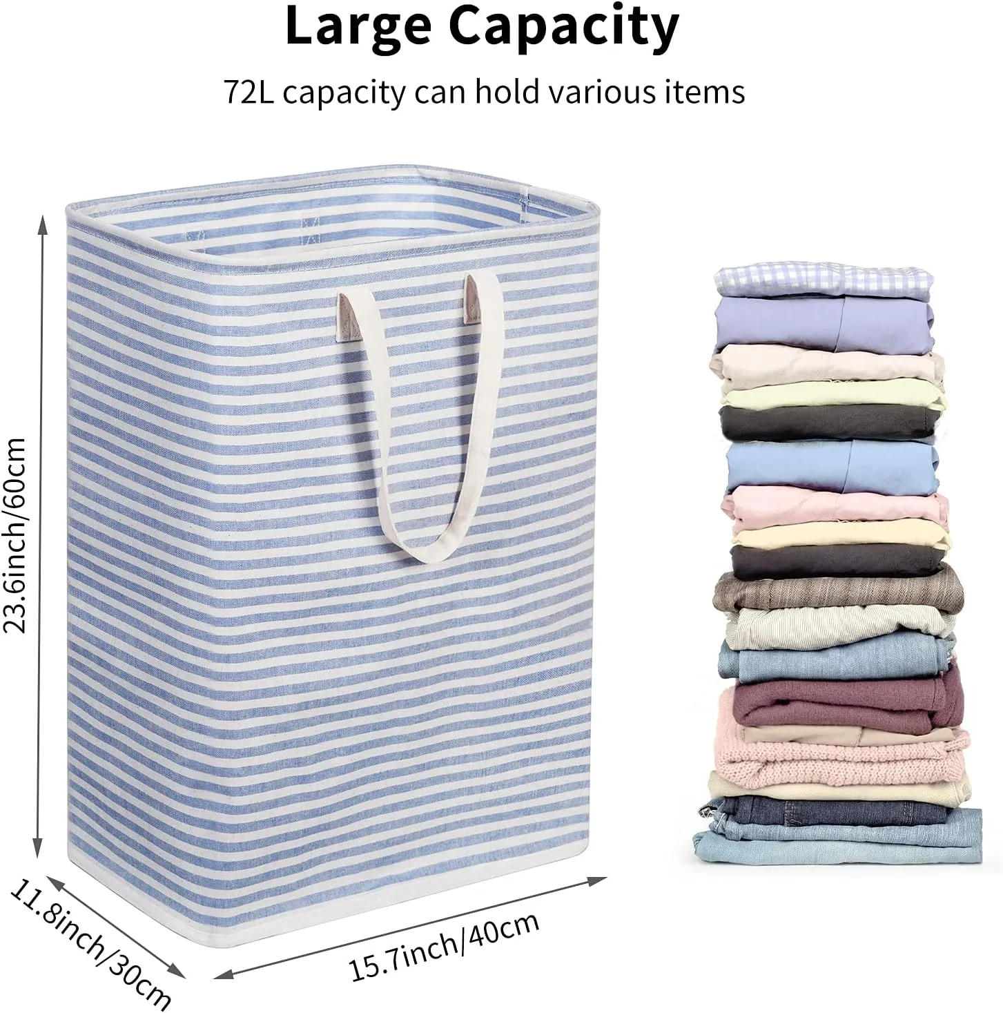 ZERO JET LAG 72L Laundry Hamper with Handles Large Laundry Bin Collapsable Dirty Clothes Basket Bag Foldable Clothes Dirty Hamper (Striped Blue)