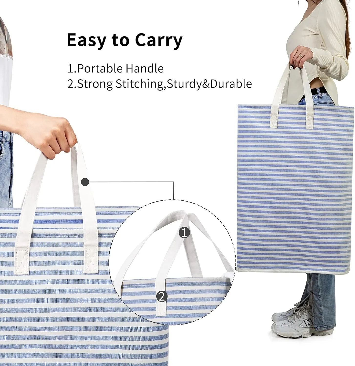 ZERO JET LAG 72L Laundry Hamper with Handles Large Laundry Bin Collapsable Dirty Clothes Basket Bag Foldable Clothes Dirty Hamper (Striped Blue)