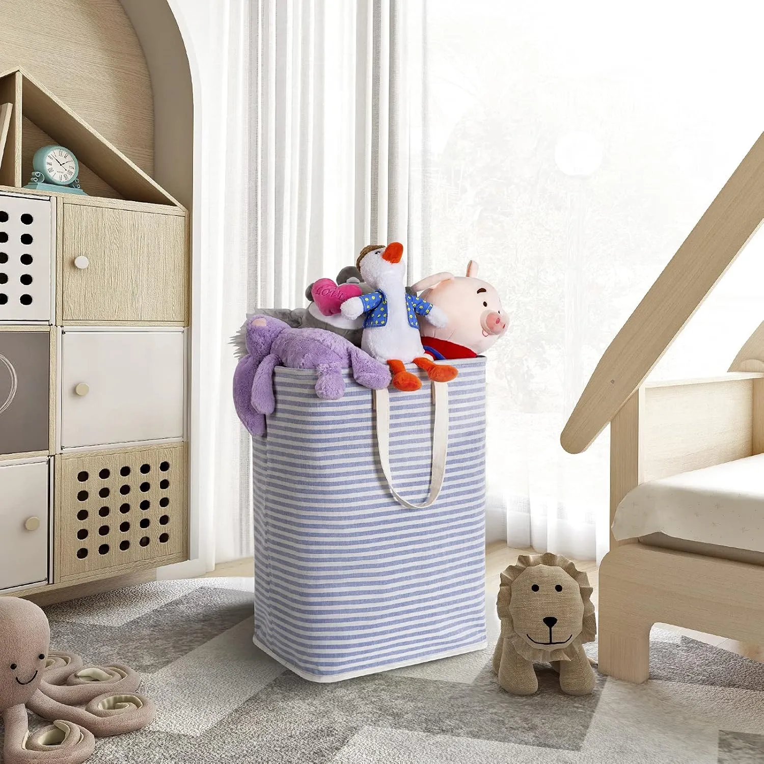 ZERO JET LAG 72L Laundry Hamper with Handles Large Laundry Bin Collapsable Dirty Clothes Basket Bag Foldable Clothes Dirty Hamper (Striped Blue)