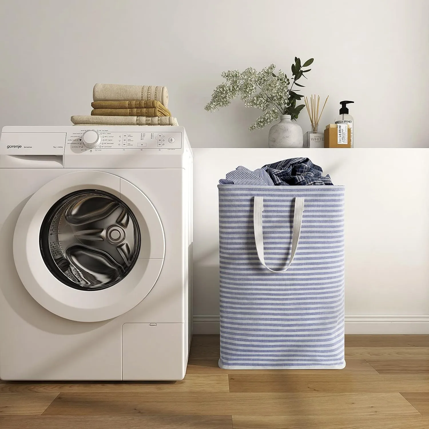 ZERO JET LAG 72L Laundry Hamper with Handles Large Laundry Bin Collapsable Dirty Clothes Basket Bag Foldable Clothes Dirty Hamper (Striped Blue)