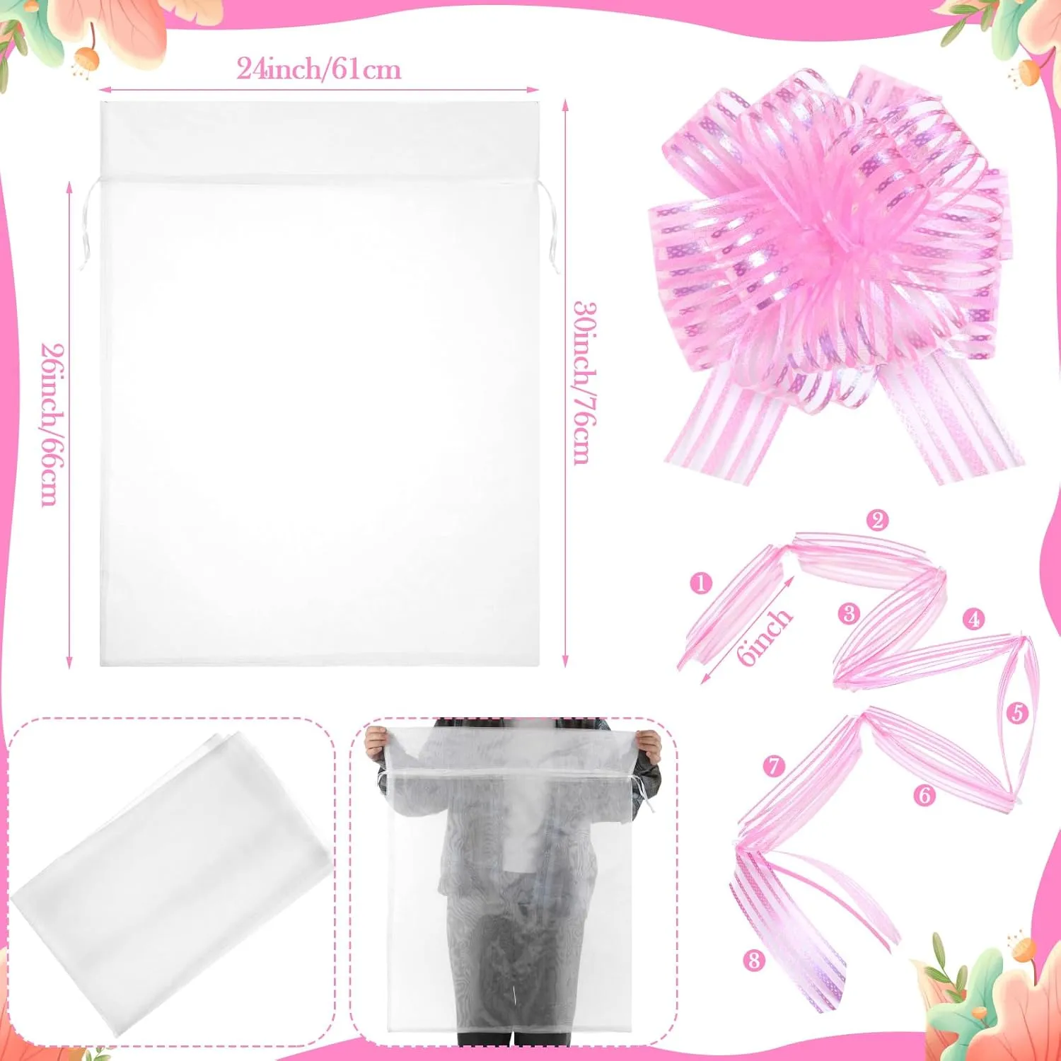 Zeyune 6 Pcs Oversized White Organza Fabric Bags 24 x 30 Inch with Pull Bow Large Organ Gift Wrapping Ribbon Bow 6 Inch Big Pull Bow for Christmas Wedding Birthday Congratulation Gift Basket (Pink)