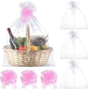 Zeyune 6 Pcs Oversized White Organza Fabric Bags 24 x 30 Inch with Pull Bow Large Organ Gift Wrapping Ribbon Bow 6 Inch Big Pull Bow for Christmas Wedding Birthday Congratulation Gift Basket (Pink)