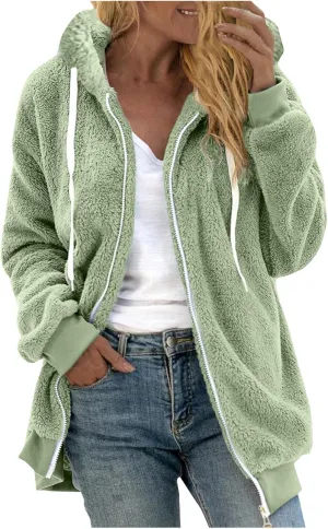 Zip Up Sweatshirt Women Long Sleeve Hooded Pullover Solid Color Drawstring Plush Warm Sweatshirt Coats Comfy