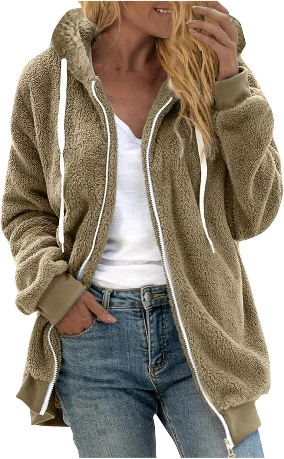 Zip Up Sweatshirt Women Long Sleeve Hooded Pullover Solid Color Drawstring Plush Warm Sweatshirt Coats Comfy