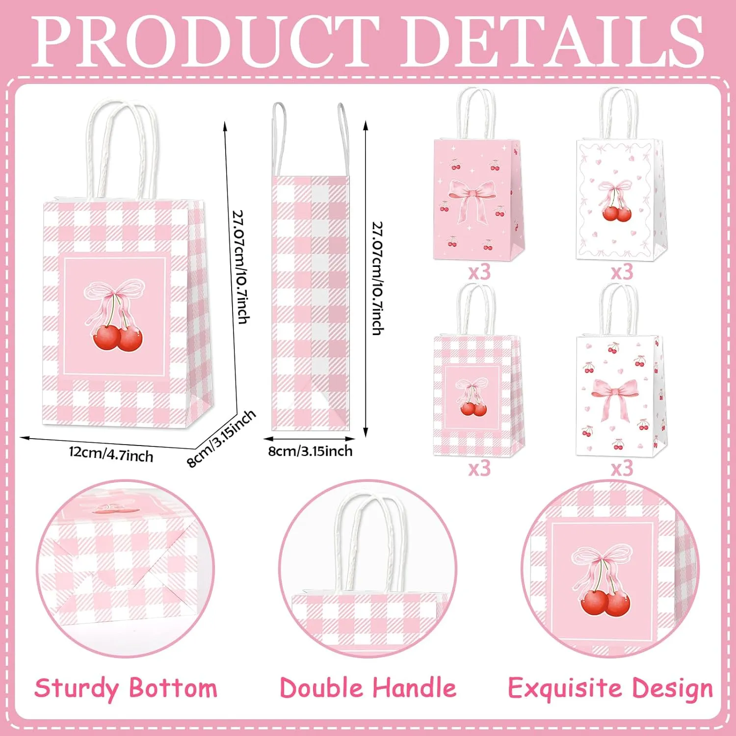 ZOIIWA 12Pcs Pink Bow Party Favor Bag Bows Cherry Treat Bags Coquette Candy Goodie Bag Bow Birthday Paper Gift Bags with Handle Decorations for Baby Shower Bachelorette Engagement Party Decor Supply