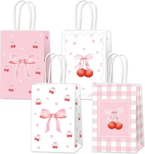 ZOIIWA 12Pcs Pink Bow Party Favor Bag Bows Cherry Treat Bags Coquette Candy Goodie Bag Bow Birthday Paper Gift Bags with Handle Decorations for Baby Shower Bachelorette Engagement Party Decor Supply