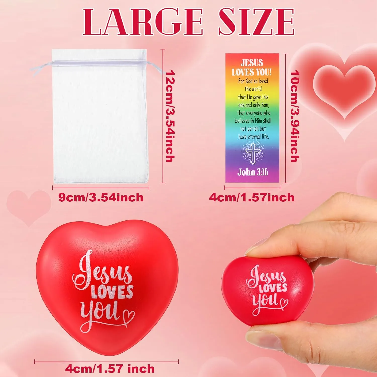 Zubebe 24 Sets Christian Jesus Loves You Heart Stress Balls Gifts Sets with Jesus Cards and Organza Bags 1.57 Inch Religious Motivational Relief Balls Bible Toys Baptism Gifts Easter Basket Stuffers