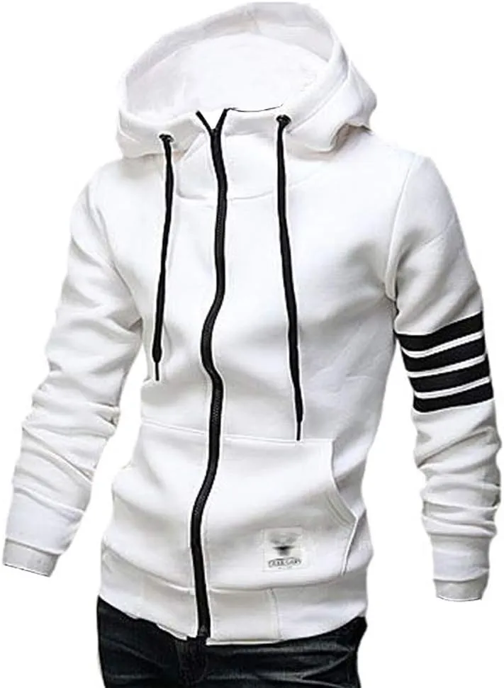 ZUEVI Men's Hoodies Casual Striped Drawstring Hooded And Zipper Closure Hoodie Slim Fit Fleece Sweatshirt