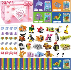 ZYLEGEN Valentines Day Gifts for Kids, 24 Packs Valentines Cards with Animals Building Blocks Set Toys for Classroom, Valentines Party Favors and School Game Exchange Gifts Favors (Animals)